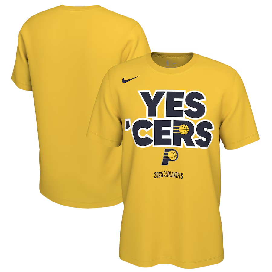 Men's Indiana Pacers Gold 2025 Playoffs On-Court Mantra T-Shirt Men's Indiana Pacers Gold 2025 Playoffs On-Court Mantra T-Shirt